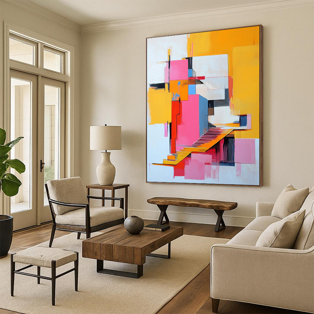 Vibrant contemporary abstract art featuring a pink and yellow building with stairs, inspired by modern artistic expressions. DLZ1377