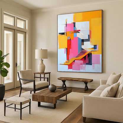 Vibrant contemporary abstract art featuring a pink and yellow building with stairs, inspired by modern artistic expressions. DLZ1377
