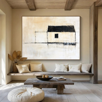 Minimalist Black - and - White House Silhouette – Abstract Acrylic Architectural Painting HB1468