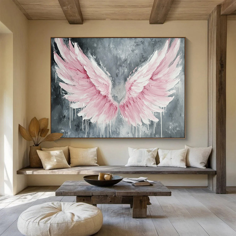 “Pink Winged Dreams” - Soft pinks, whites, grays; Textured angel wings, dripping paint; Contemporary Abstract Painting On Canvas HB1162