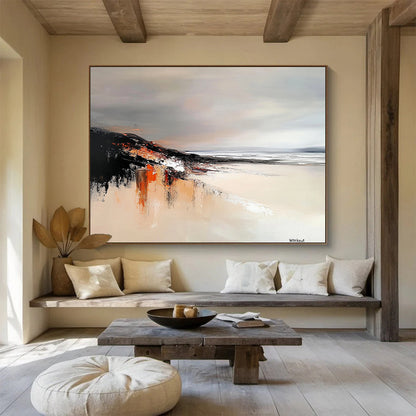 “Muted Tones Coastal Landscape” - Muted Gray, Orange, Abstract Coastal Landscape HB1121