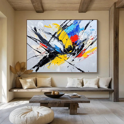 “Dynamic Color Splashes and Black Strokes” - Yellow, blue, red, black, white; Energetic color splashes with bold black strokes; Expressive Acrylic Painting On Canvas HB1201