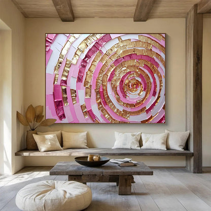 “Pink and Gold Spiral” - Shades of Pink, Gold, White, Layered Spiral Pattern - Mixed - Media Collage HB1727