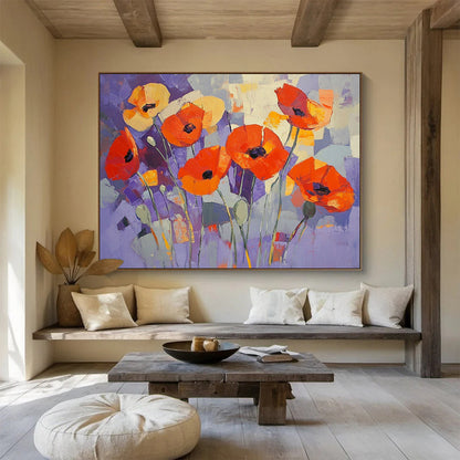 “Purple Poppy Patch” - Purple, Orange, Abstract Flowers - Cubist Oil Painting HB1488