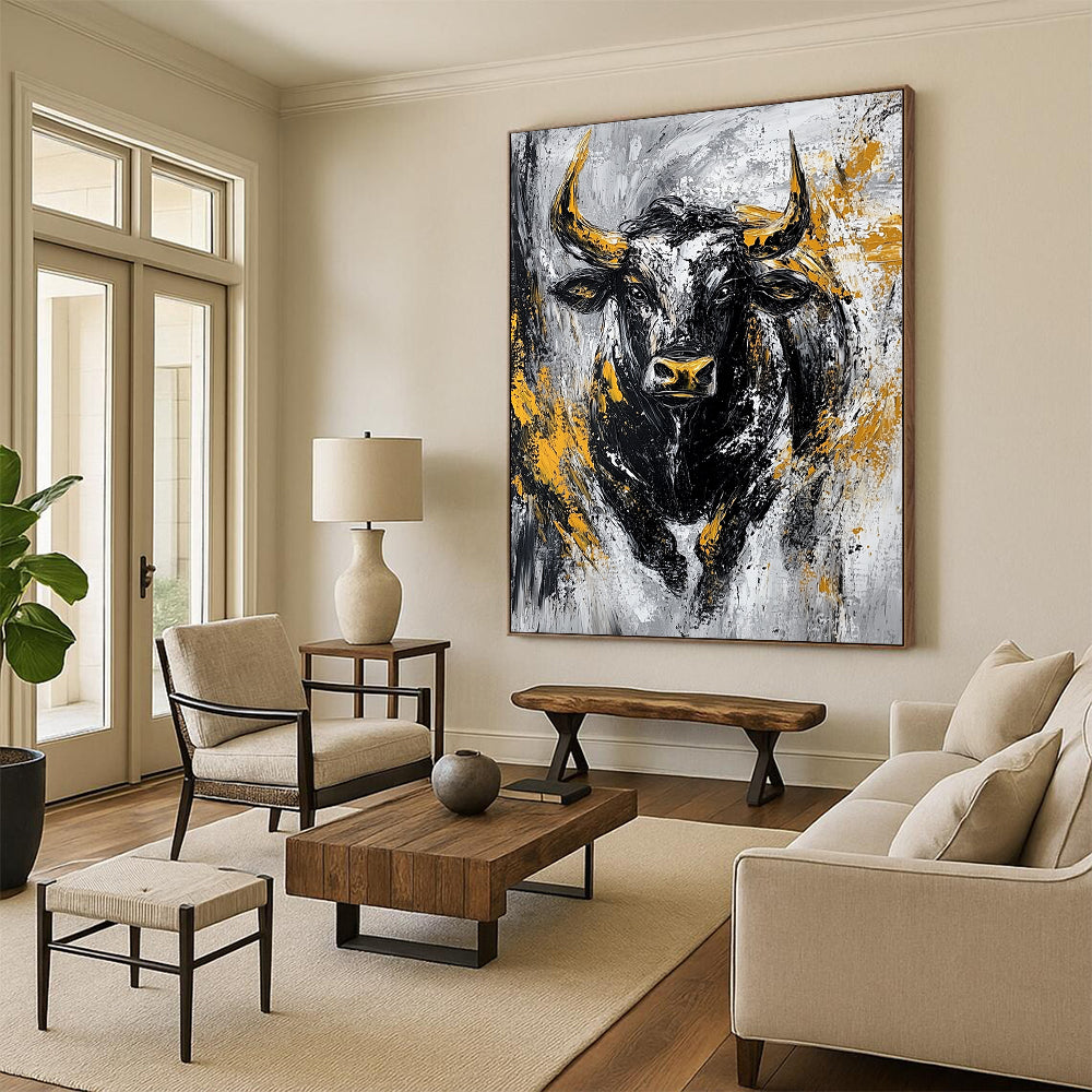 Bold contemporary abstract painting featuring an aggressive bull in textured black and gold against a striking grey background. DLZ0885