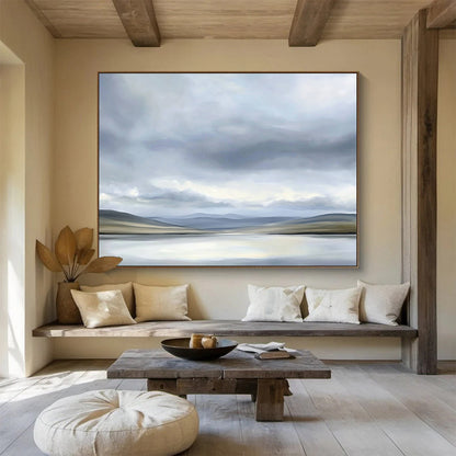 “Soft Gray Landscape” - Gray, Beige, Subtle Hills and Calm Water Painting On Canvas HB0920