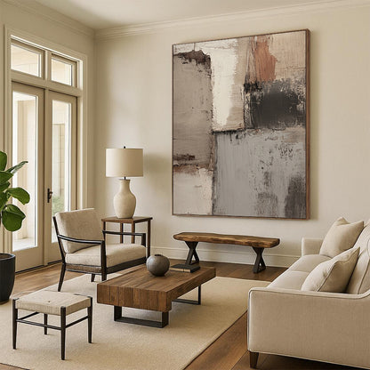 Contemporary hand-painted abstract art featuring soft neutral tones with textured strokes and a moody atmosphere perfect for modern interiors. DLZ1163