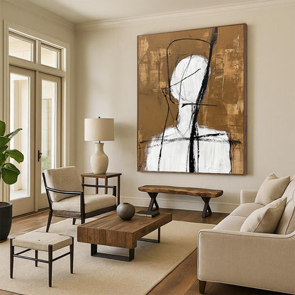 Contemporary abstract artwork featuring a simple white figure with black lines and a warm brown background inspired by Jean Cocteau's style. DLZ1463