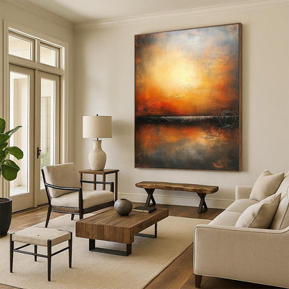 Contemporary hand-painted abstract art featuring an endless horizon in warm colors and muted tones on a textured canvas. DLZ0887