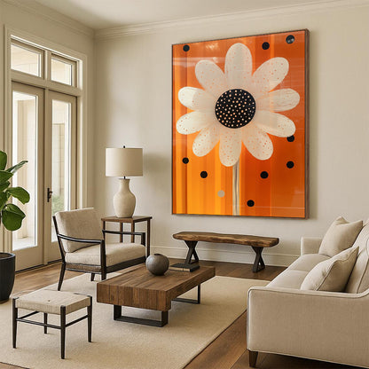 Contemporary abstract art features a white daisy with black dots and a shiny glass-like center on an orange background with polka dot accents. DLZ1512