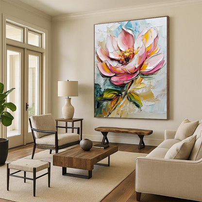 Contemporary abstract art featuring a pink flower and leaves in a detailed palette knife oil painting on a pristine white background. DLZ1440