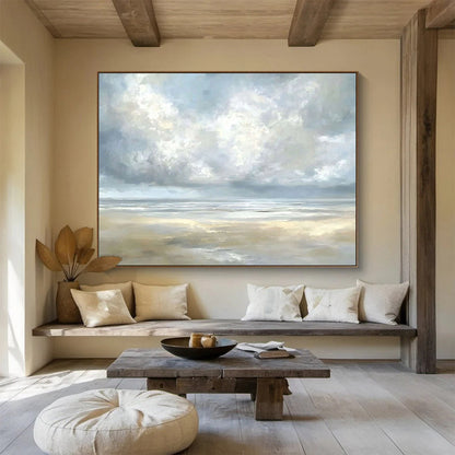 “Misty Coastal Calm” - Gray, Blue, Beige, Tranquil Seaside Clouds Painting On Canvas HB1027