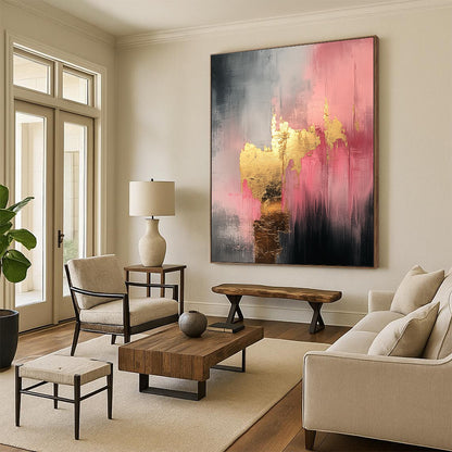 Contemporary hand-painted abstract art featuring white pink and gold tones with a mysterious atmosphere and luxurious gold leaf embellishments. DLZ1117