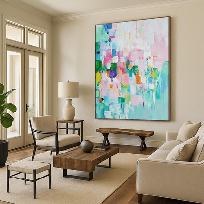 Contemporary hand-painted abstract art featuring pastel colors and textured oil paint showcasing harmonious shapes and contrasting geometric blocks for depth and interest. DLZ0762