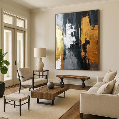 Abstract artwork featuring a gold and gray palette with bold brush strokes and white highlights on a dark gray background, emphasizing texture and dynamic design. DLZ0705