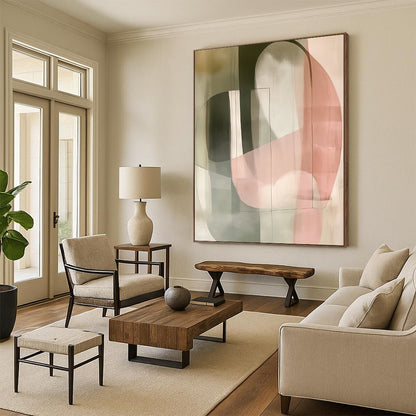 Large contemporary hand-painted abstract artwork featuring pastel colors simple shapes soft lighting and double exposure effects. DLZ1601