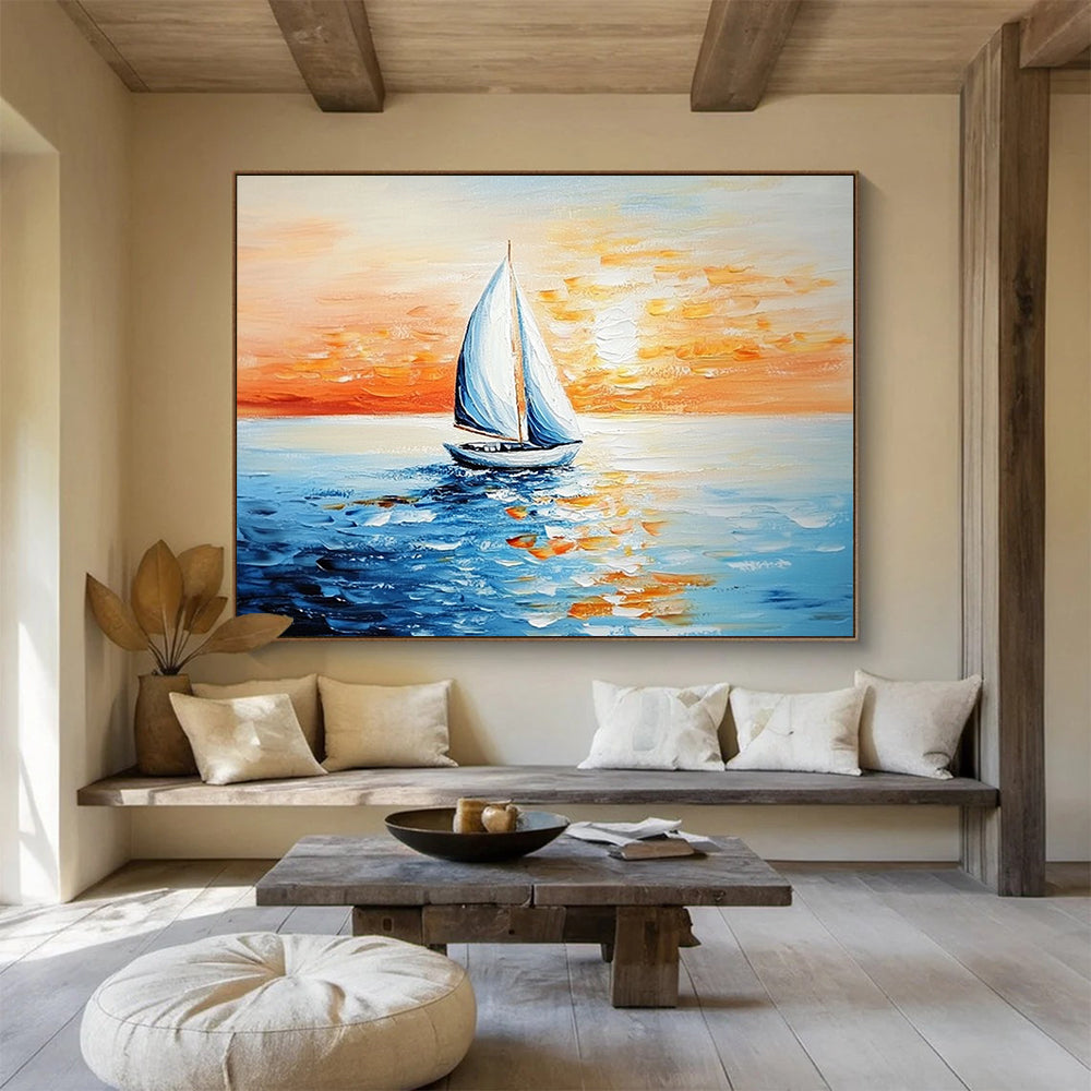 “Single Sailboat at Sunset” - Oranges, Reds, Blues, Solitary Sailboat on the Sea - Impasto Oil Painting HB1737