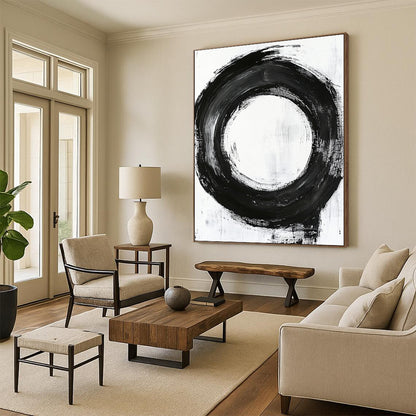 Black, White, Refined Circular Stroke "Pure Enso" Abstract Minimalist Painting On Canvas HB045