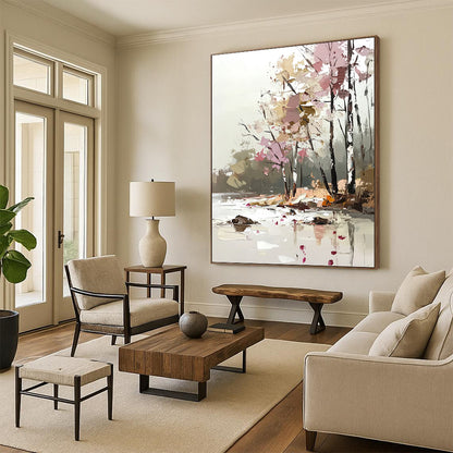 Contemporary abstract art features a soft palette knife technique with light pink and beige tones, showcasing trees by the river in a dreamy, blurred style. DLZ1113