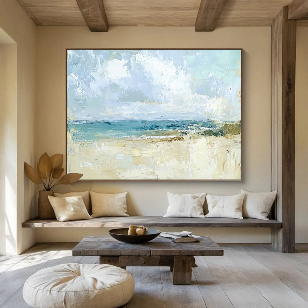 “Abstract Beach Scene” - Blues, Beiges, Whites, Softly Painted Beach and Sky - Abstract Acrylic Painting HB1709