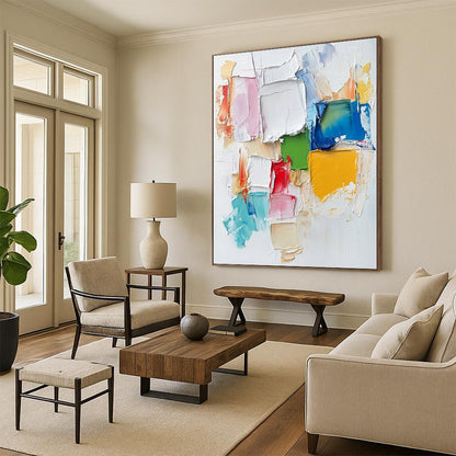Contemporary hand-painted abstract artwork featuring colorful textures and a collage cityscape, enriched with soft brush strokes and vibrant impasto techniques. DLZ0835