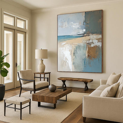 Contemporary abstract painting featuring a textured English beach scene in muted earthy tones, showcasing light blue, brown, neutral green, and grey. DLZ0454