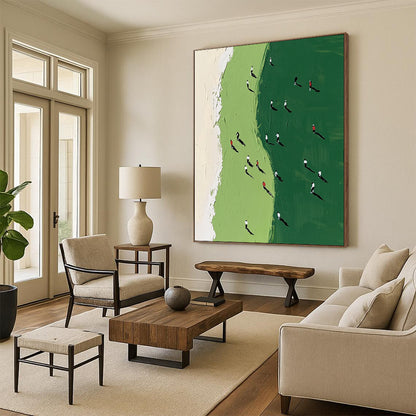 Vibrant contemporary abstract painting showcasing a green and white golf course with tiny figures in motion, perfect for modern art enthusiasts. DLZ0917