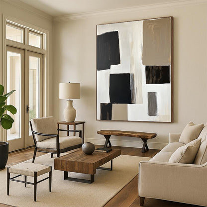 Contemporary abstract artwork featuring large white blocks and stylish black squares, minimalist design with neutral tones for an elegant touch. DLZ0547