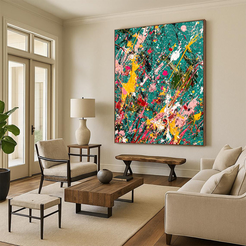 Vibrant contemporary abstract painting featuring splattered paint and glitter on a teal canvas with jungle-green background symbolizing creativity in chaos. DLZ1177