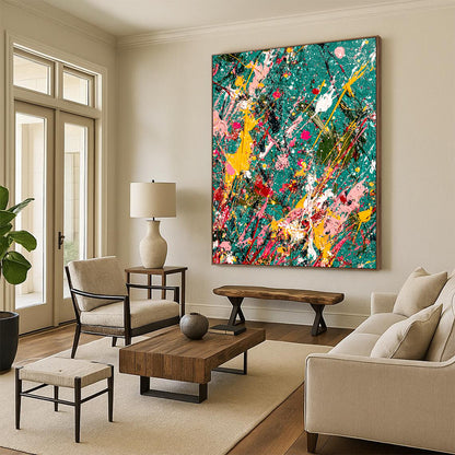 Vibrant contemporary abstract painting featuring splattered paint and glitter on a teal canvas with jungle-green background symbolizing creativity in chaos. DLZ1177