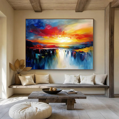 Vibrant Sunset Waterfall in Bold Colors - Expressive Abstract Landscape Painting On Canvas HB0437