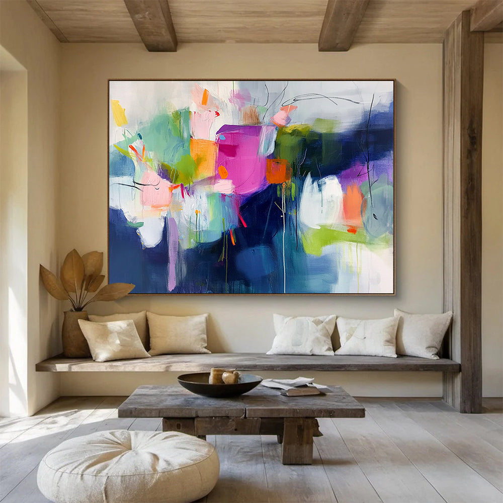“Colorful Abstract Blooms” - Pink, Green, Orange, Abstract Floral Forms - Fauvist Acrylic Painting HB1523