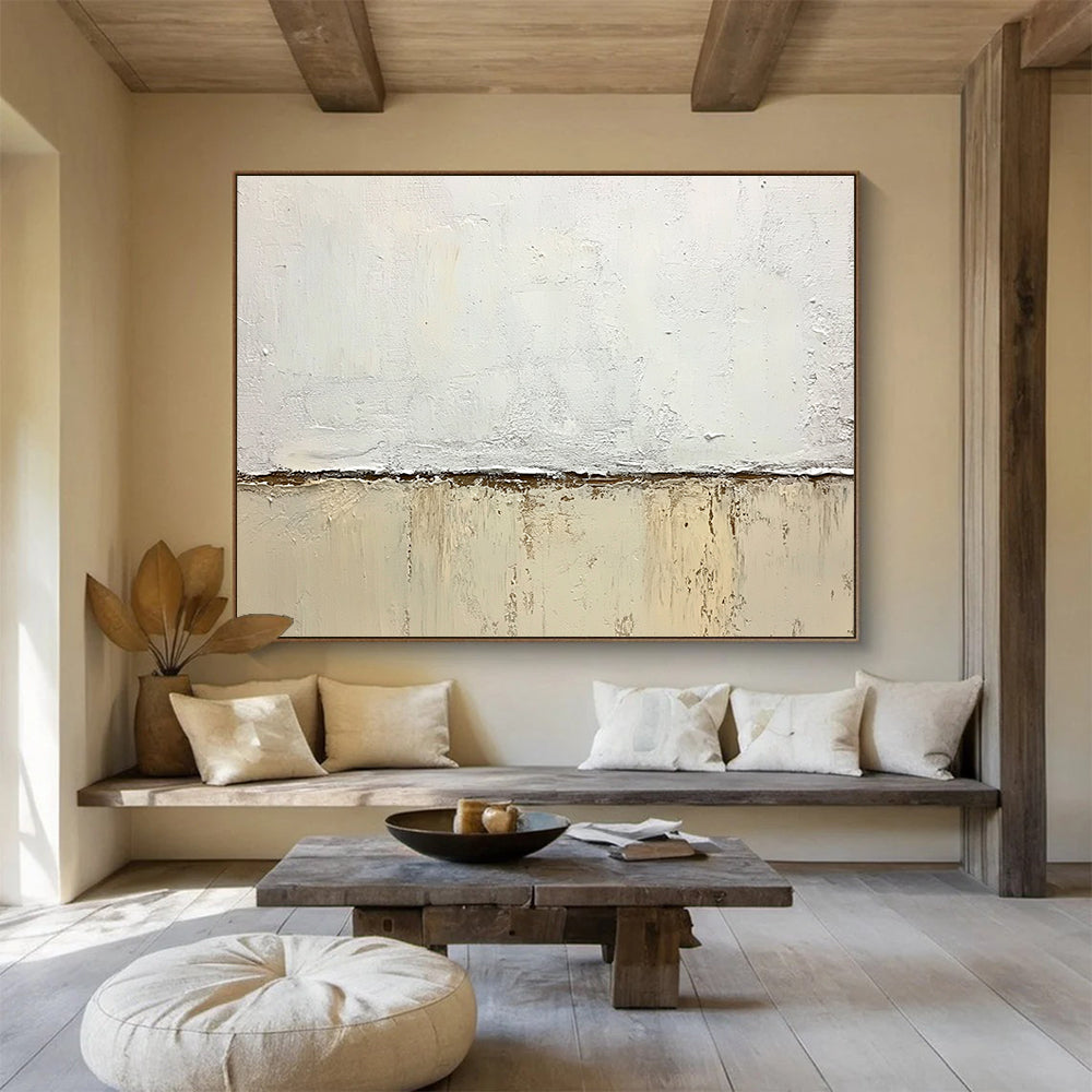 “Minimalist Textured Divide” - White, beige, brown; Textured white and beige divide on a canvas; Soft Acrylic Painting On Canvas HB1200