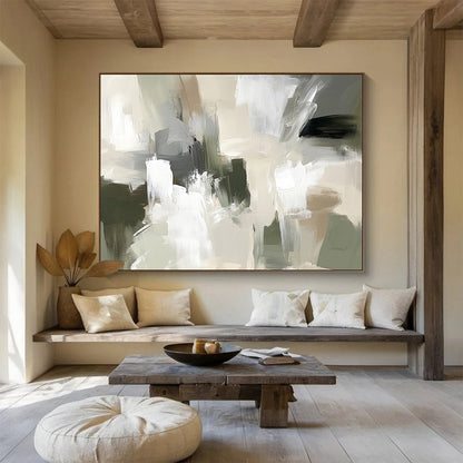 “Neutral Abstract Composition” - Beige, gray, white, green; Abstract composition with soft brushstrokes; Acrylic Painting On Canvas HB1267