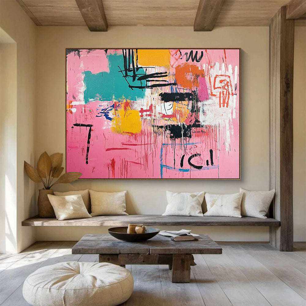 “Pink Abstract with Drips” - Pink, Colorful Shapes, Black Drips, Text - Painting On Canvas HB1434