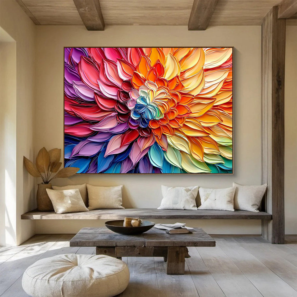 “Textured Rainbow Flower” - Multicolor, Textured Flower Painting On Canvas HB0745
