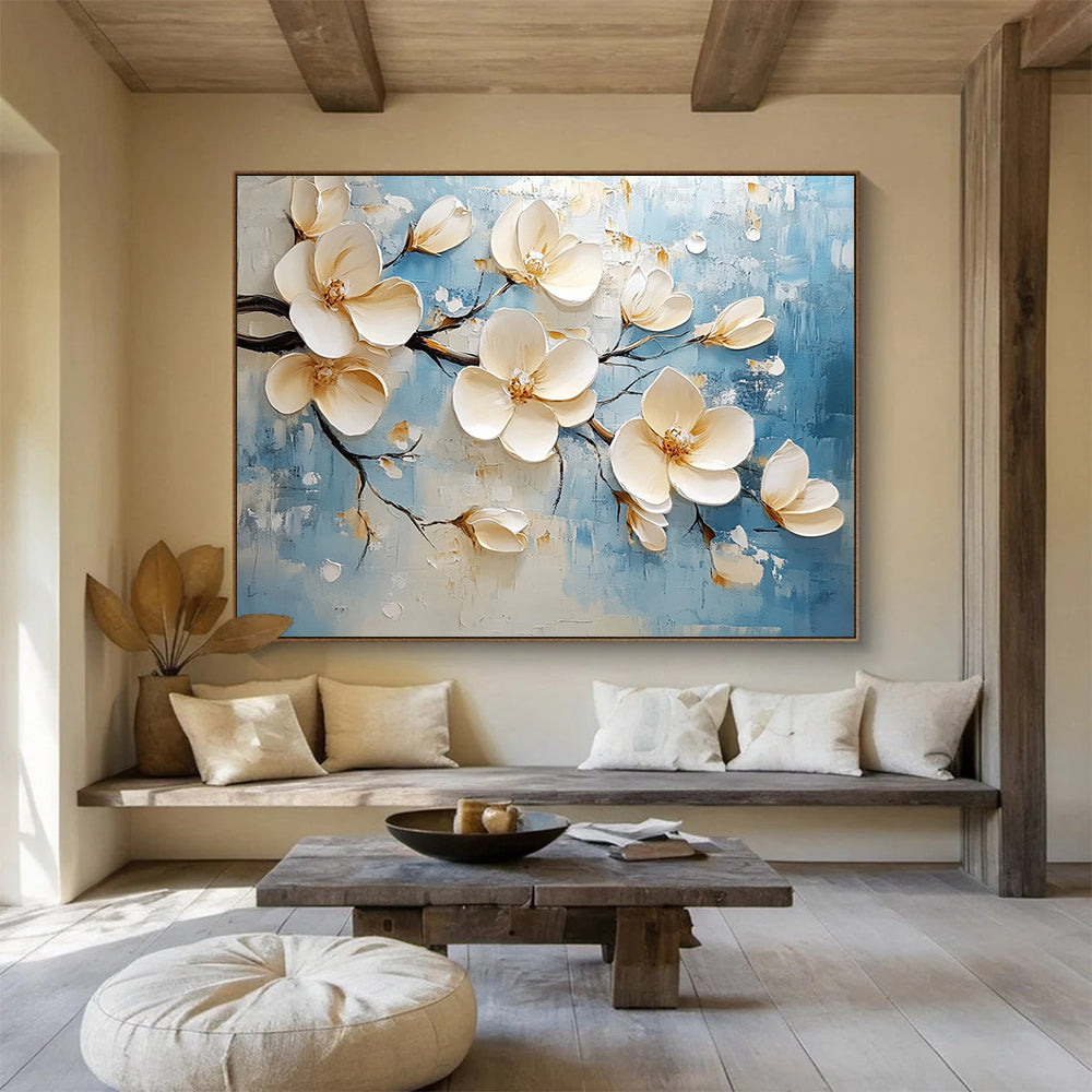 Blue, Beige and White Textured Magnolias "Blossom Serenity" Painting On Canvas HB0422