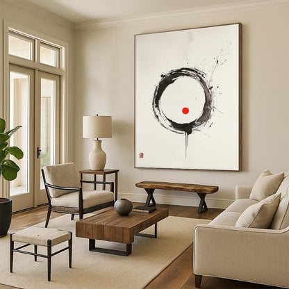 Black, White and Red Circle "Vibrant Harmony" Painting On Canvas HB273