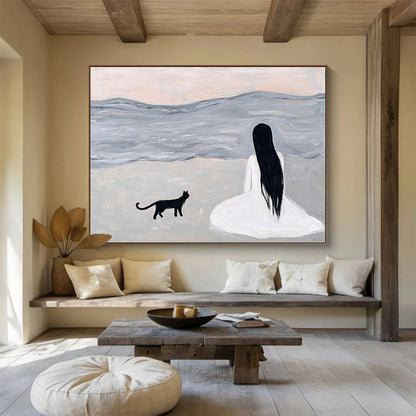 “Woman and Cat by the Sea” - A woman and a black cat sitting by the sea, Minimalist Figurative Painting On Canvas HB0554