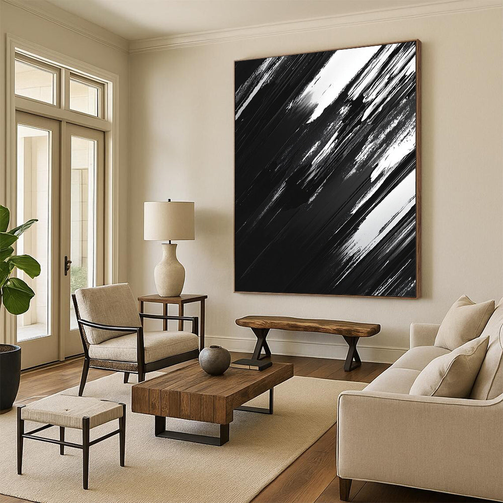 Black, White and Gray Dynamic Strokes "Shadow Motion" Painting On Canvas HB313