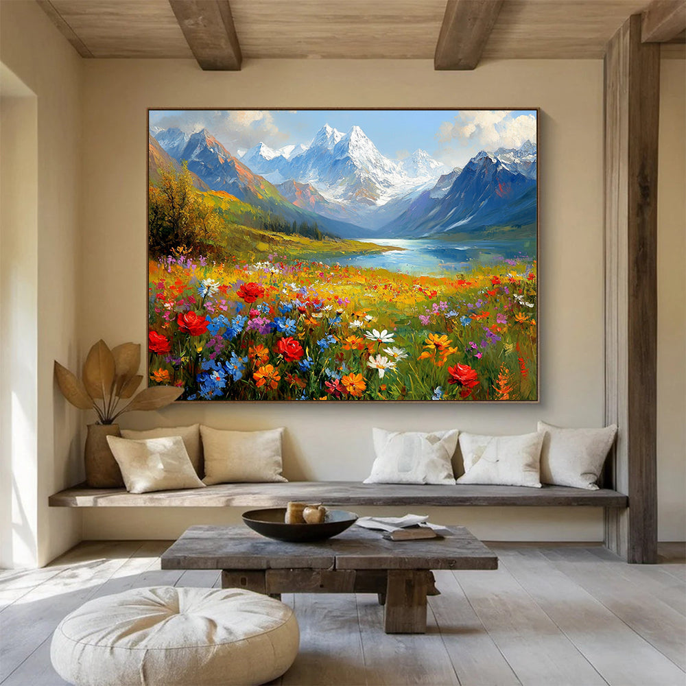 “Alpine Flower Meadow” - Colorful, Mountainous Landscape Painting On Canvas HB0689