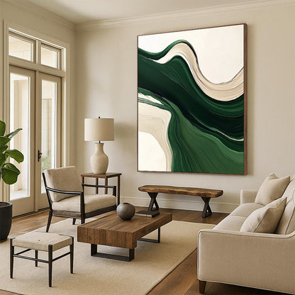 Contemporary hand-painted abstract artwork featuring fluid green and white lines, organic shapes, and layered textures on a neutral background. DLZ0622