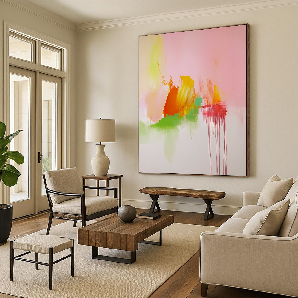 Contemporary hand-painted abstract art featuring soft pink green and orange tones inspired by Cy Twombly's dynamic style. DLZ1703