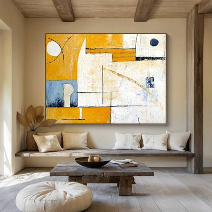 “Yellow - Blue Geometric Abstraction” - Yellow, Blue, White with Geometric Shapes - Abstract Acrylic Painting HB1352