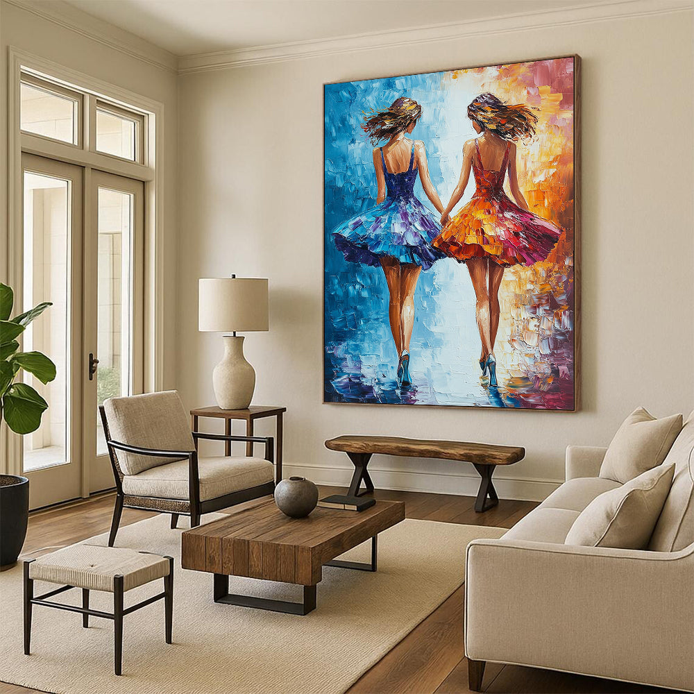 Vibrant contemporary abstract art featuring two friends in colorful dresses walking together creating a joyful and harmonious atmosphere. DLZ1717