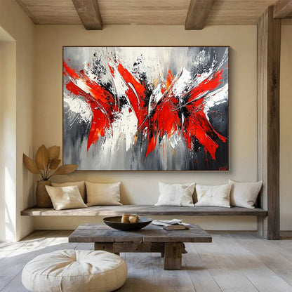 “Red & Gray Abstract Surge” - Bold reds, whites, grays, blacks; Dynamic abstract strokes; Abstract Expressionist Painting On Canvas HB1164