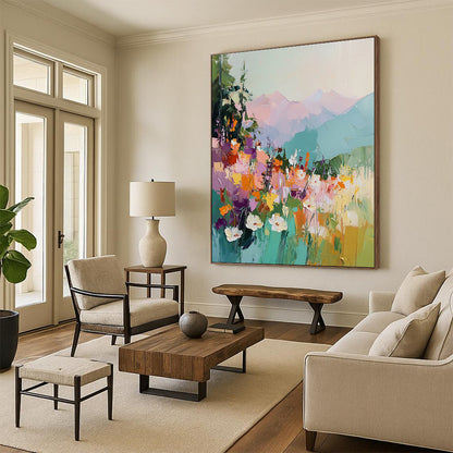 Vibrant contemporary abstract painting with thick brushstrokes depicting colorful wildflowers mountains and a dramatic sky in rich hues. DLZ0418