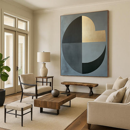 Gray, Green, Brown, Gold and White Geometric Abstraction "Vibrant Geometry" Painting On Canvas HB386