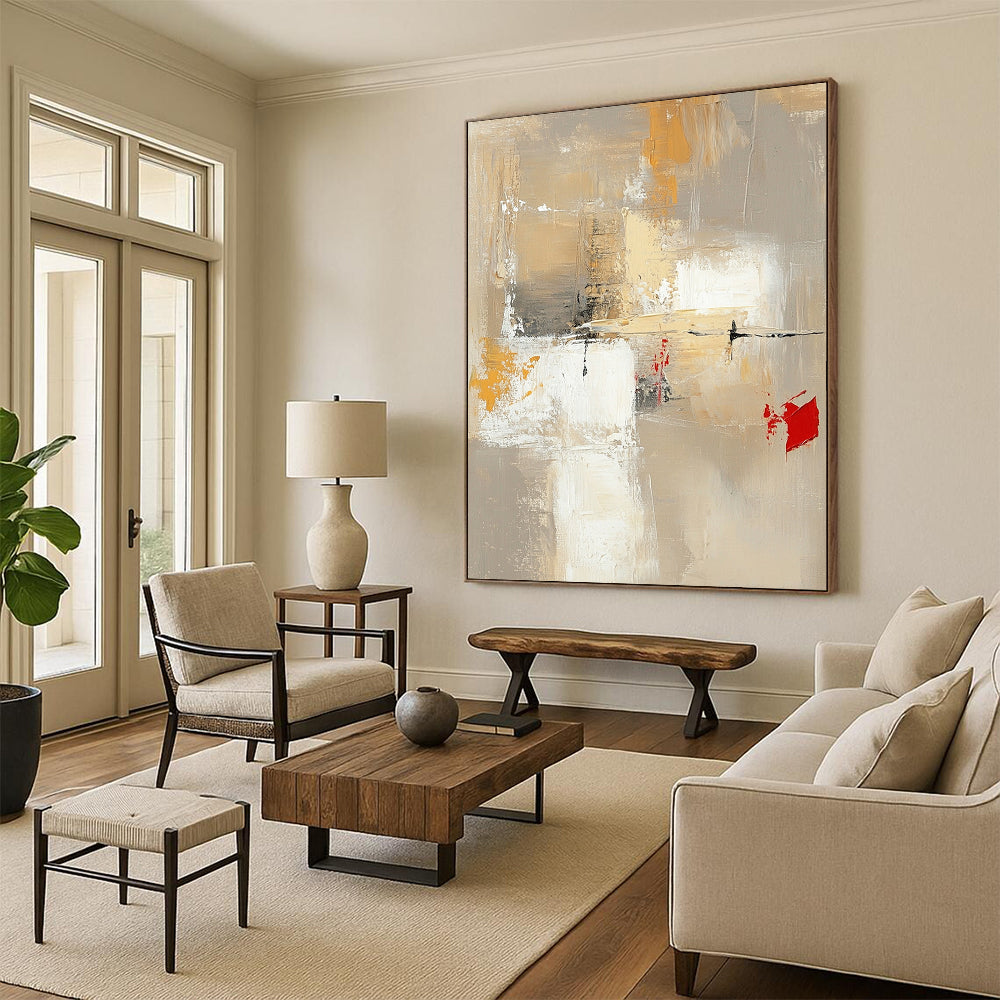 Contemporary hand-painted abstract artwork featuring neutral tones with red and yellow accents large white spaces and dynamic brush strokes and textures. DLZ0922