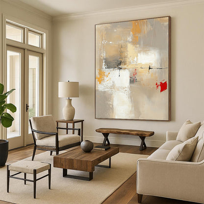 Contemporary hand-painted abstract artwork featuring neutral tones with red and yellow accents large white spaces and dynamic brush strokes and textures. DLZ0922